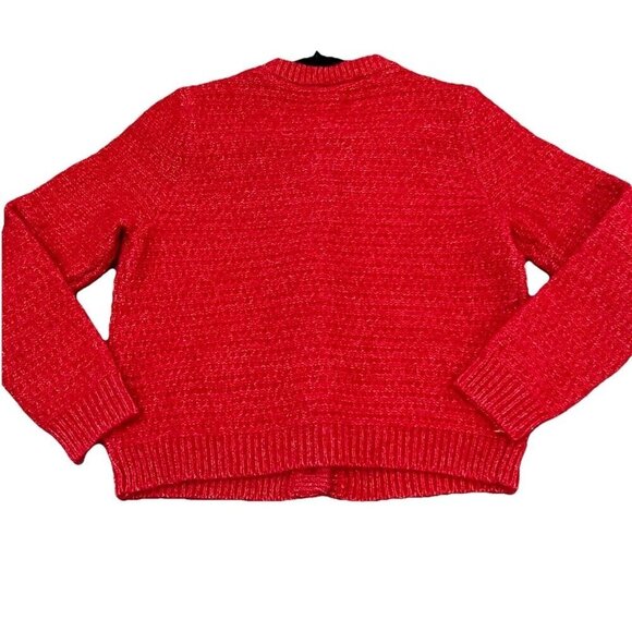 LOFT Women's Stitchy Sweater Jacket Size Large Cardigan Red Silver Knit - Picture 3 of 8